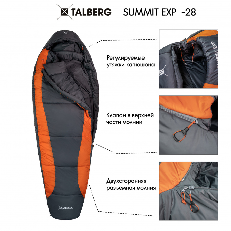 SUMMIT EXP -28°C спальный мешок (-28С, серый/оранжевый левый)