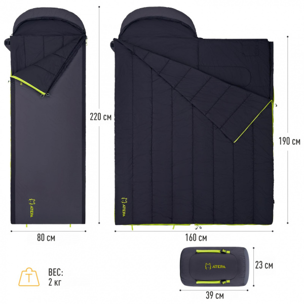Atepa 2101 rocky 520l -4°с 230х90 спальный мешок (-4°c, черный/графитовый правый)